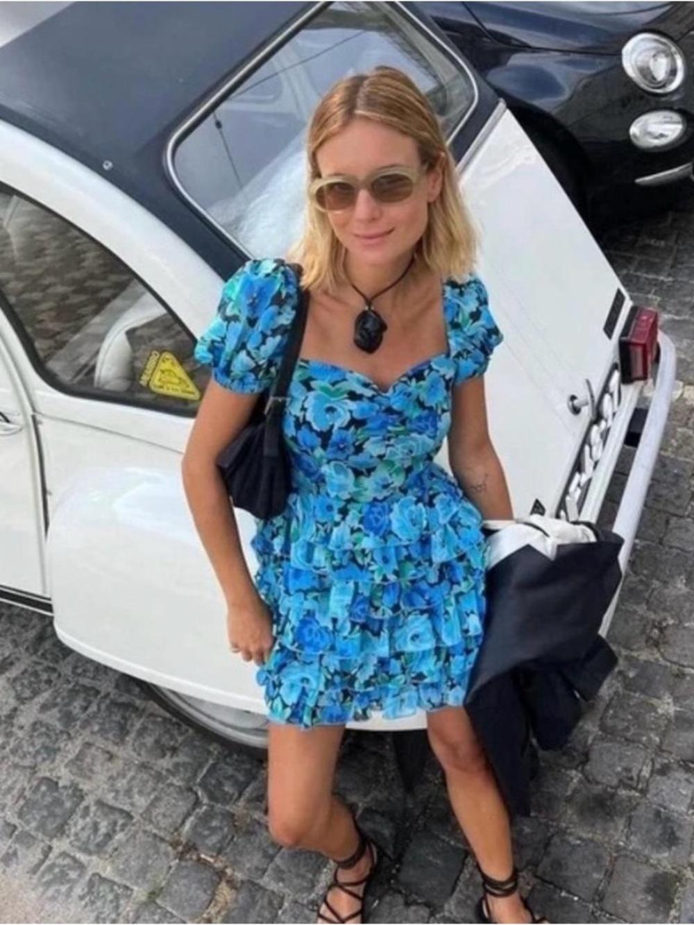 Blue Floral Ruffle Mini Dress - Puff Sleeve